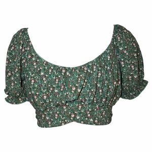 Altar'd State Green Floral Puff-Sleeve Crop Blouse